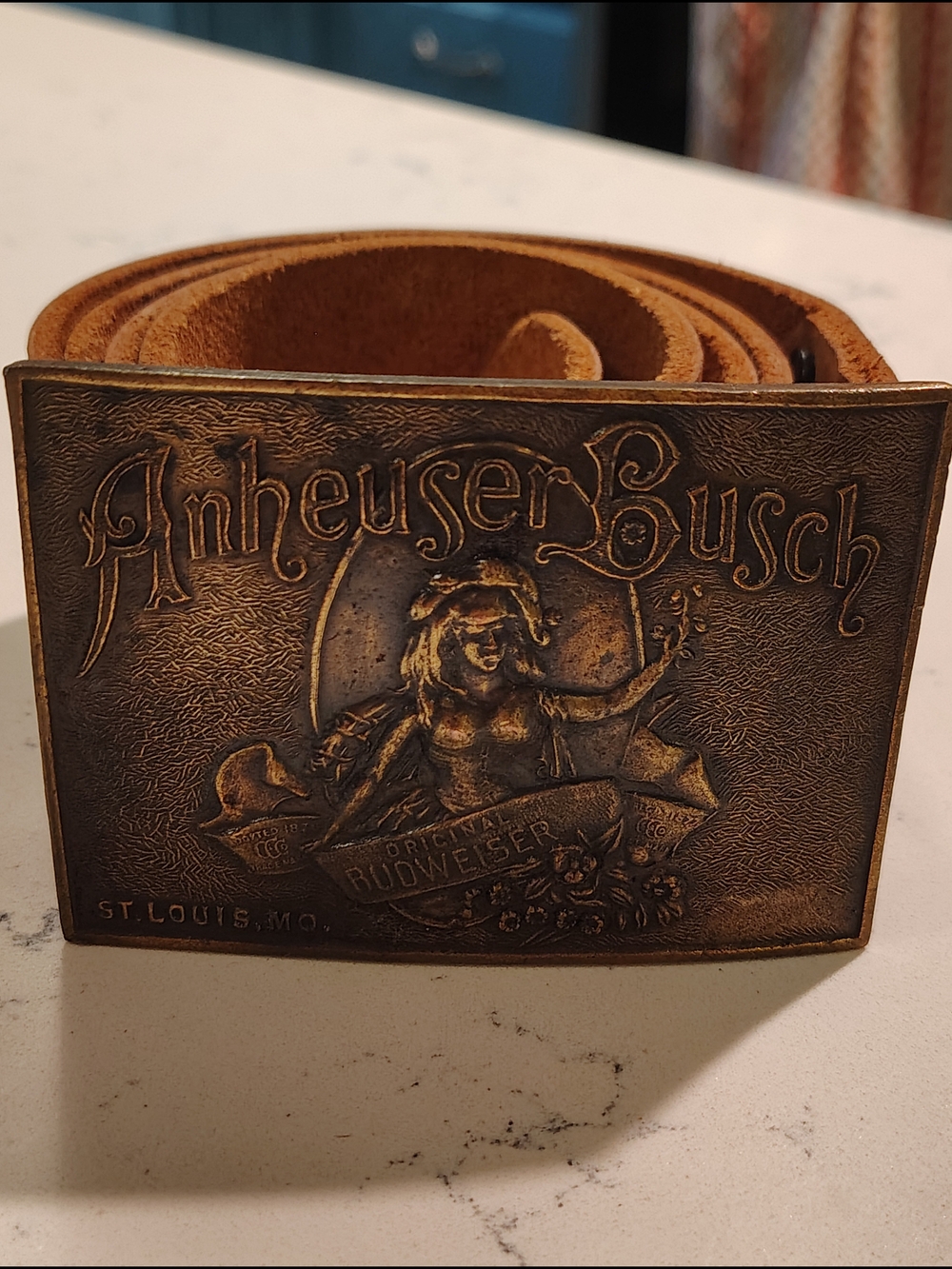 Anheuser-Busch Vintage Budweiser Brass Belt Buckle with Brown Leather Belt